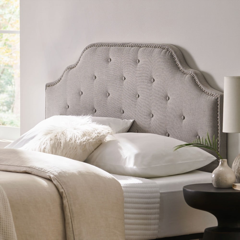 Queen Size Headboard in Tufted Upholstery, Solid Wood & Durable Metal Legs, Adjustable Height & Nailhead Accents, Modern Design