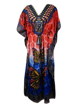 Mogul Women Kaftan Butterfly Jewel Printed Kaftan, Red Maxi Dress, Summer Boho Lounger Caftan Dresses One Size
