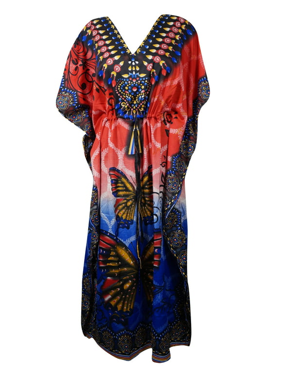 Mogul Women Kaftan Butterfly Jewel Printed Kaftan, Red Maxi Dress, Summer Boho Lounger Caftan Dresses One Size