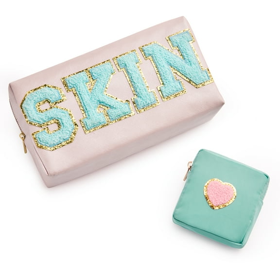 SEMEZUXX 2pcs Makeup Bag Chenille Letter Cosmetic Bag PU Leather College Style Travel Toiletry Bag for Women Girls Pink