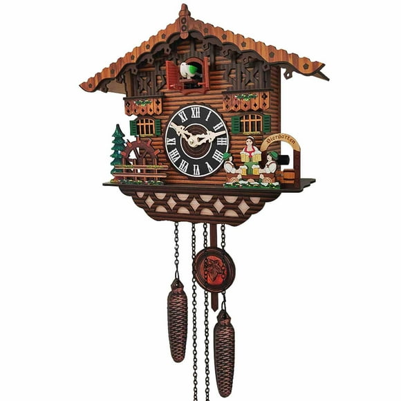 Reloj cucú artesanal de madera estilo chalet | Reloj de pared tradicional de cuarzo con apagado nocturno y música | Diseño de MDF marrón