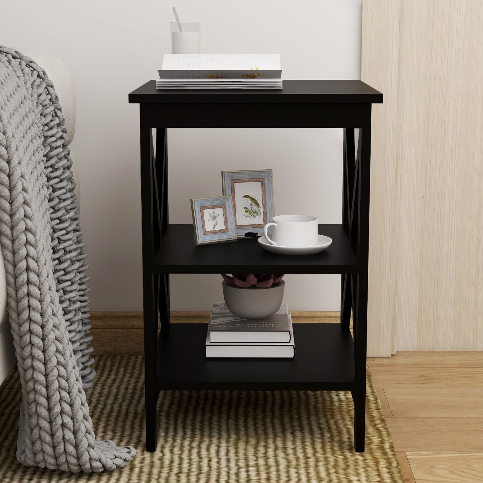 Sesslife Night Stand, Small Side Table with Shelf, 3 Tier Black End