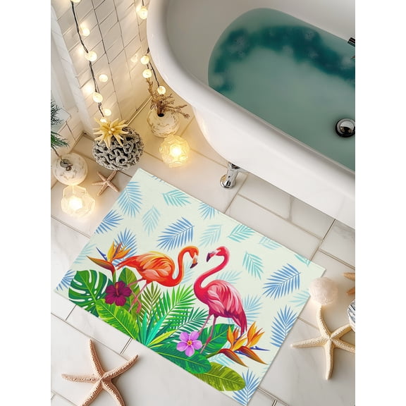 Doormat Summer Flamigos Front Door Mat Non Slip Absorbent Low Profile Floor Mat Summer Tropical Palm Leaves Welcome Mats Entryway Rug for Entrance Kitchen Porch Indoor Outdoor Home Decor 16"x24"