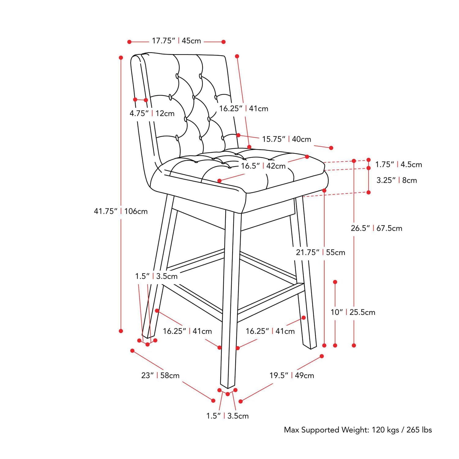 Tabourets de bar d'intérieur capitonnés modernes CorLiving Leilani avec dossier et pieds en bois - Lot de 2