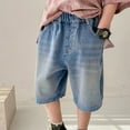 thumbnail image 5 of Baby Boy Shorts Blue Boy's Elastic Waist Bermuda Denim Shorts Letter Patched Jean Shorts with Pockets Kid Girls Denim Shorts Summer Elastic High Waist, 5 of 9