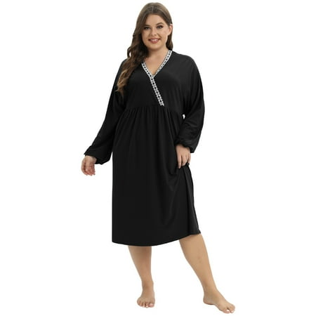 

Nightdress for Women Plus Size - Womens Sleepshirt Soft Sleepwear Nightshirt Comfortable Soft Sleep Dress Long Sleeve V Neck Nightdress XL-4XL
