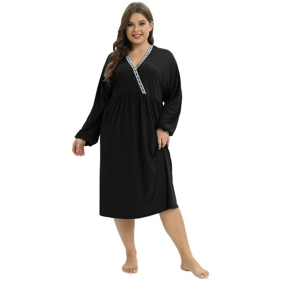 Plus Size Long Nightdress for Women - Women's Nightgown, Sleepshirts V Neck Comfortable Soft Loose Long Sleeve Sleep Shirt Pajama Sleepwear XL-4XL