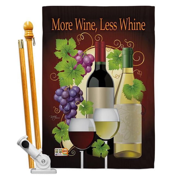 Breeze Decor BD-WI-HS-117022-IP-BO-D-IM10-BD 28 x 40 in. More Wine, Less Whine Happy Hour & Drinks Wine Impressions Decorative Vertical Double Sided House Flag Set with Pole Bracket Hardware