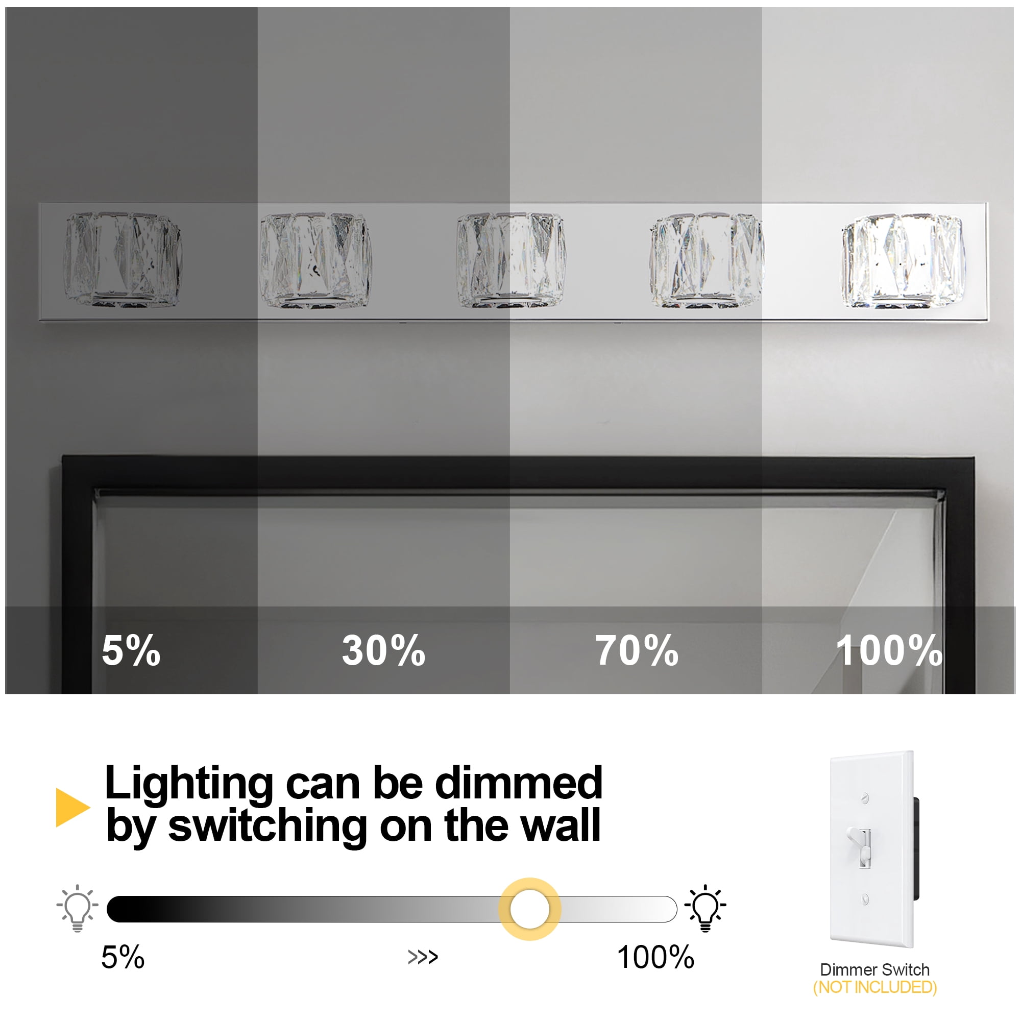 5 Lights Bathroom Crystal Modern Vanity Light 34.6in Vanity Lights for Bathroom - Dimmable LED Over Mirror Cool White Light Bath Light Fixtures Chrome