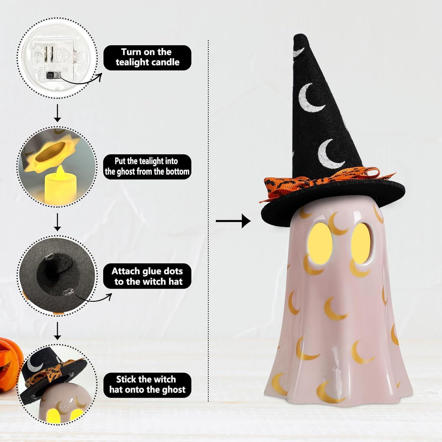 Set of 3 Ceramic Ghost Figurines with Witch Hats for Halloween Table Decor