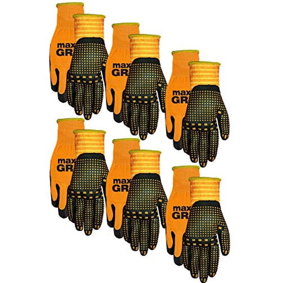 Midwest Gloves & Gear 94P06-LX-00 Grip 6 Pack Mens Max Performance Glove, Orange- Fits Large-XL