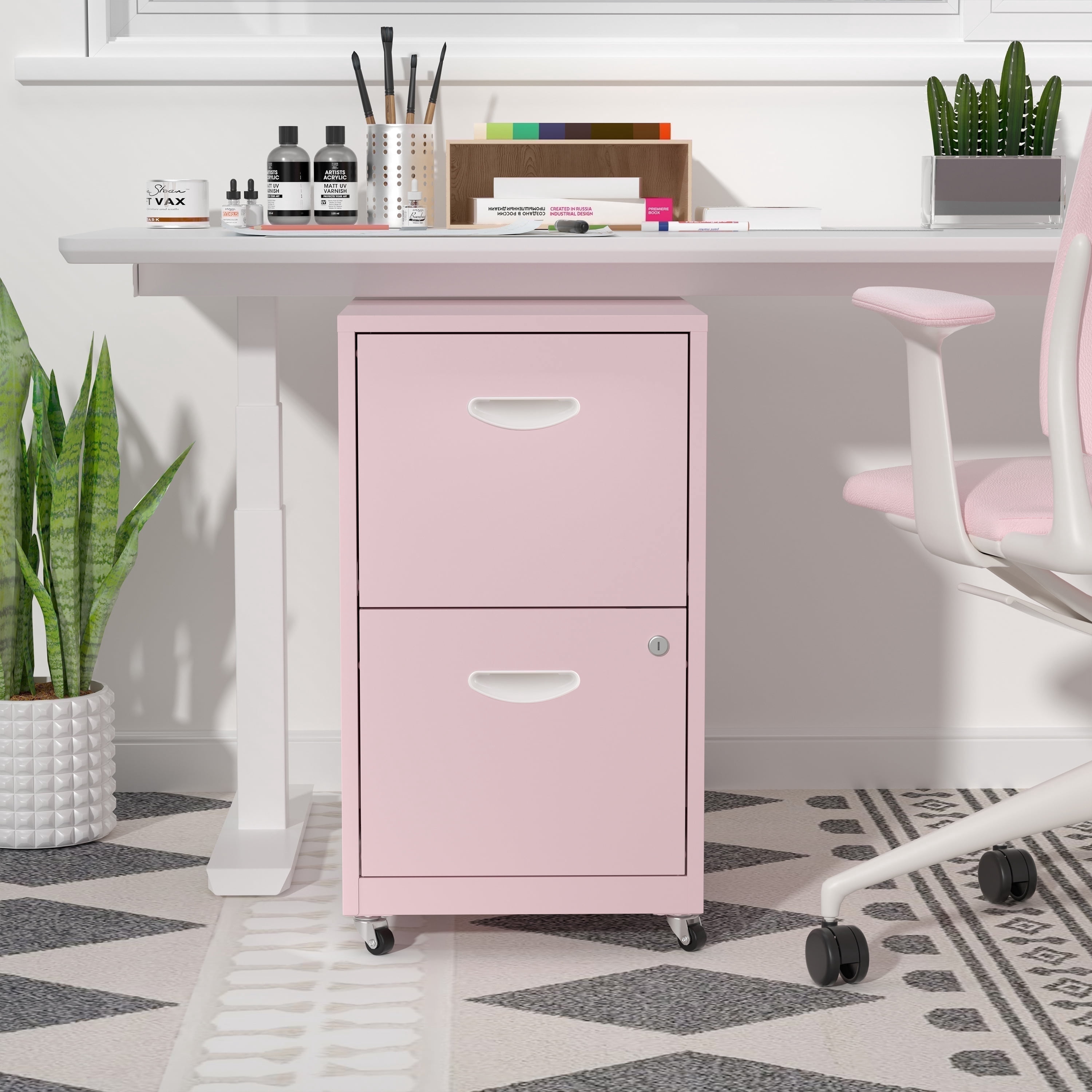 Polup Pink Office Mobile Vertical File Cabinet with Lock and Rolling Wheels 18"D Metal