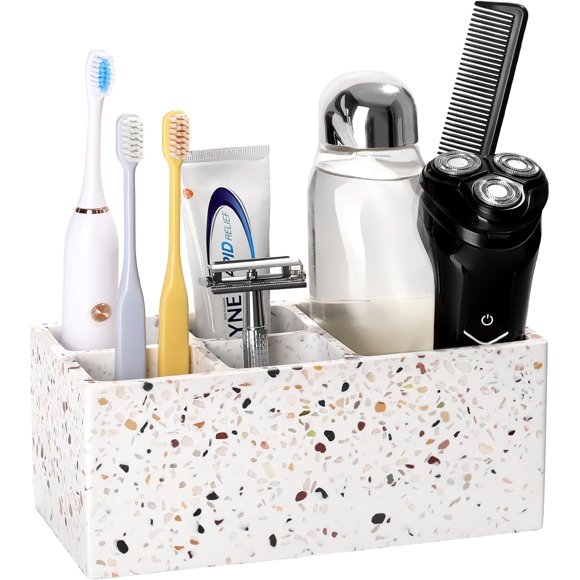 shiyou-Toothbrush Holder for Bathroom, 5 Slots Bathroom Counter Organizer Toothbrush and Toothpaste Holder, Bathroom Accessories for Restroom Bathroom, Terrazzo
