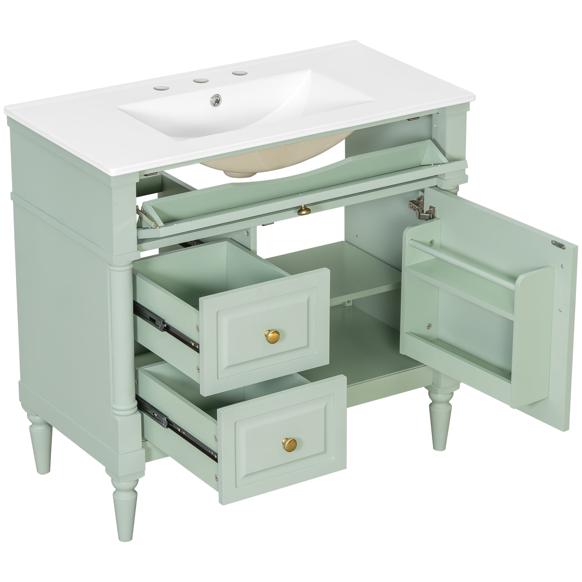 Alvantor 36" Bathroom Vanity with Ceramic Sink, Freestanding Storage Cabinet with Flip Drawers Green