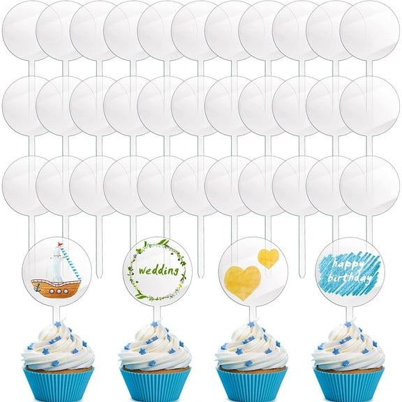 48 Pieces 2 Inch Round Acrylic Cupcake Toppers Blank Cupcake Sticks for Toppers Clear DIY Birthday Party Cake Decorations for Cupcake Wedding Baby Shower Birthday Supplies