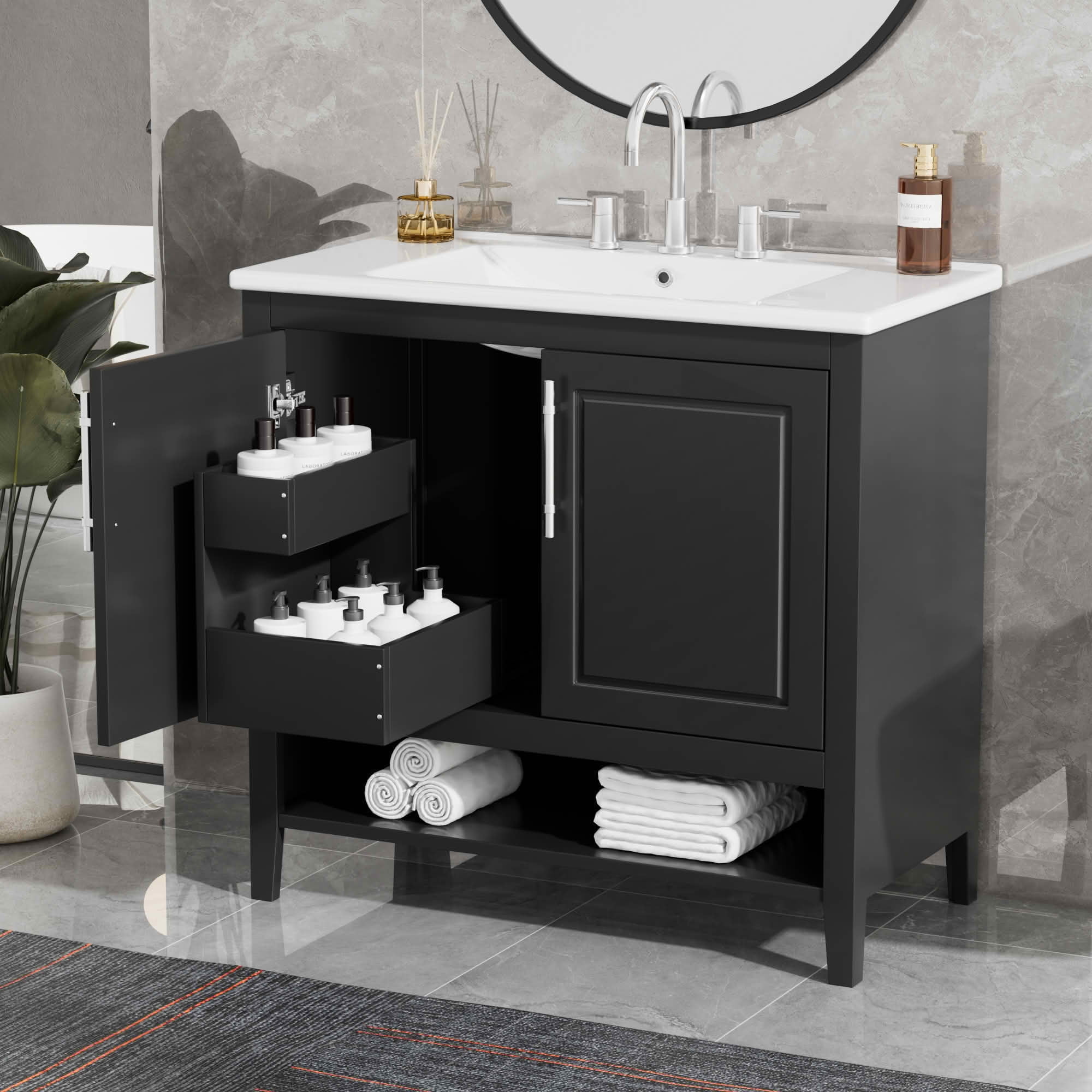 MAYEERTY 36" Bathroom Vanity with Sink, Multi-functional Cabinet with Doors Drawers, MDF Frame Board, Black