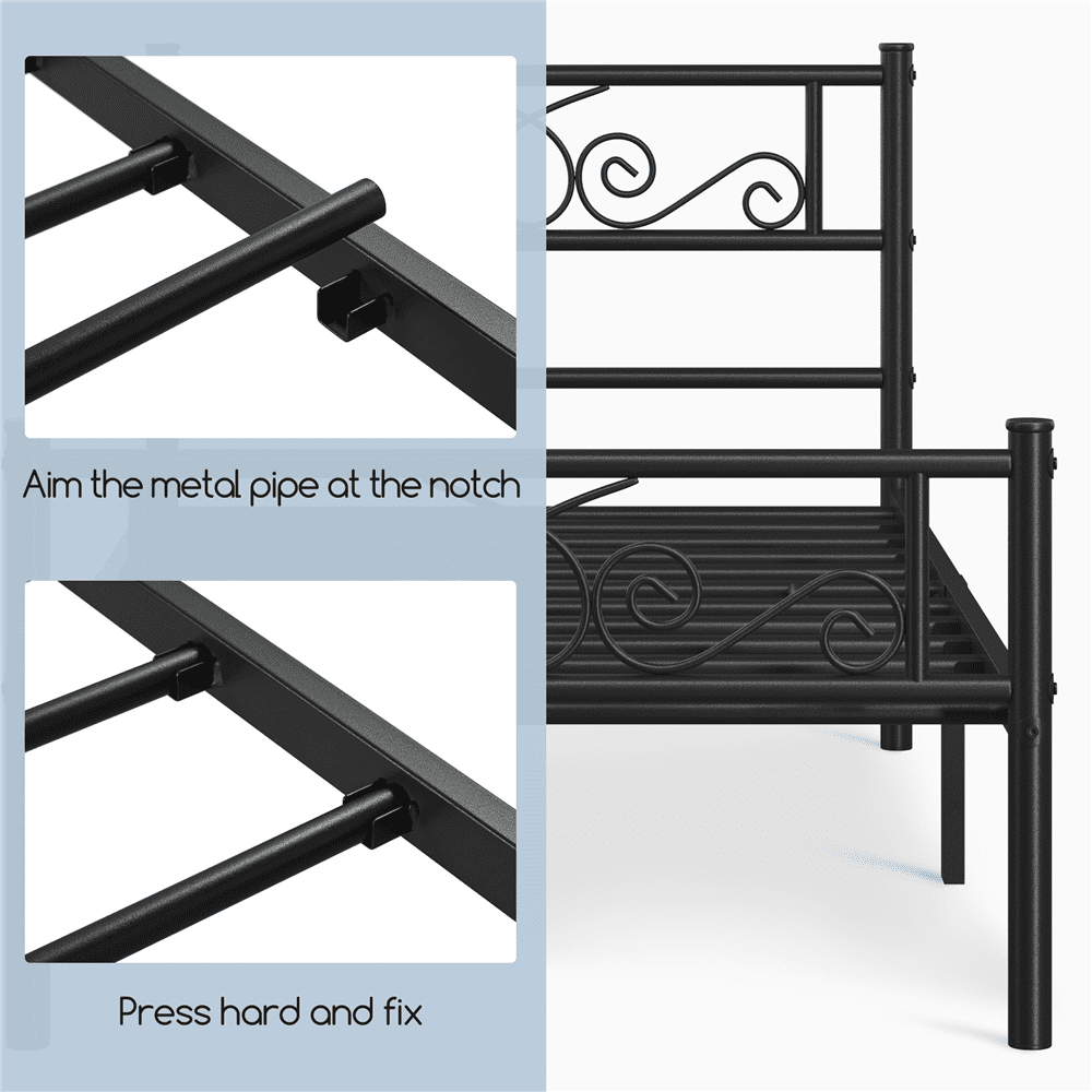 Fullfurnique Metal Platform Bed Frame with Scroll Headboard and Footboard, Queen, Black