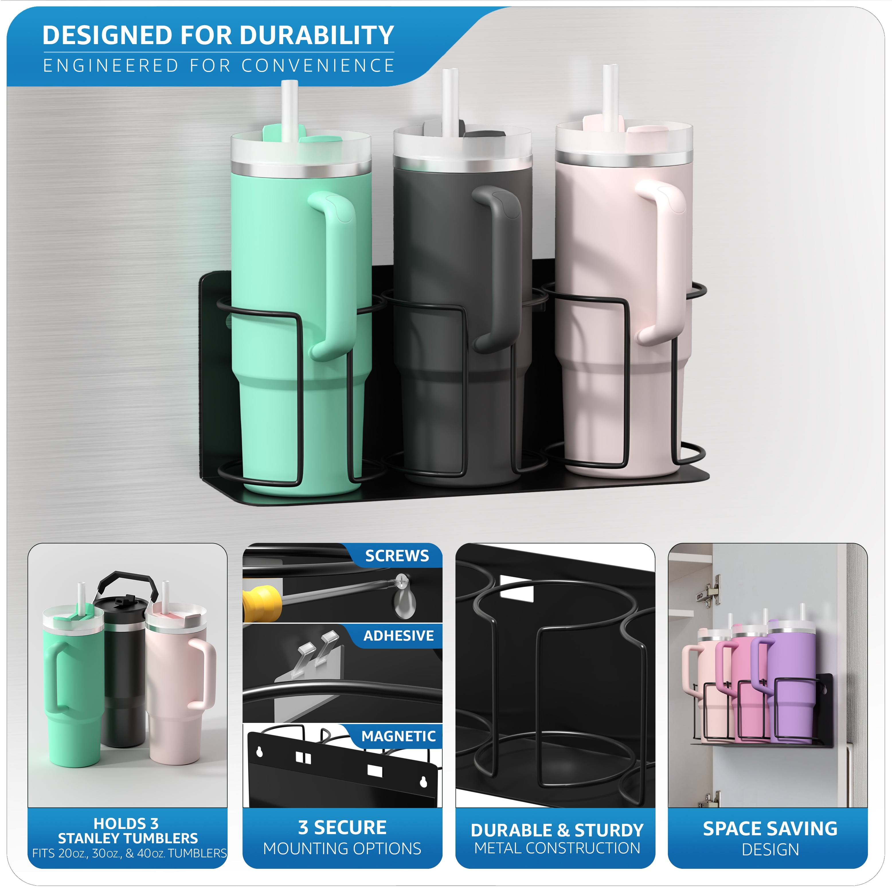 Sorbus 2 Pack Magnetic Cup Holder Rack – Holds 3 Tumblers or Water Bottles Each – Adjustable Black Organizers for Fridge, Oven, or Wall – Includes Adhesive Tape & Screws for Easy Mounting