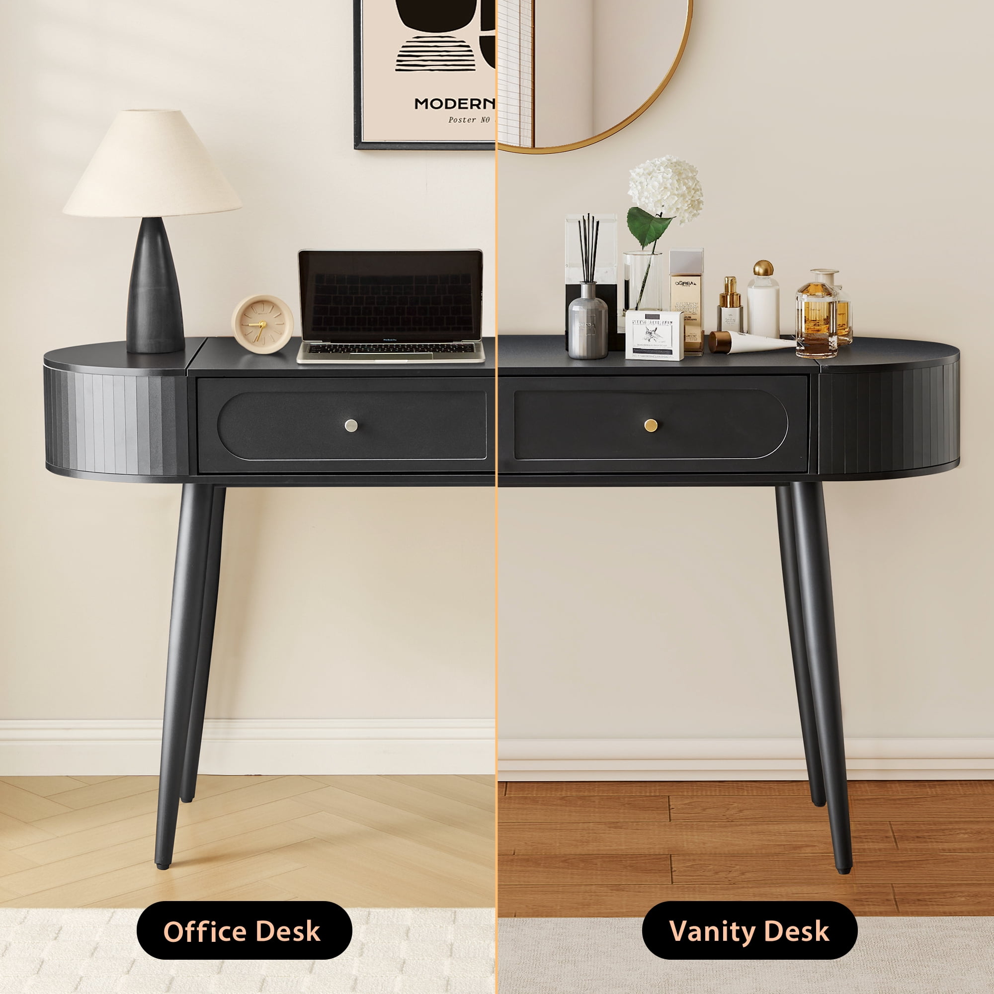 YOCWO Modern Home Office Desk with 2 Drawers and 2 Flip-top Storage, Oval Computer PC Desk Table, Vanity Desk with Fluted Curved Table Edge, Black