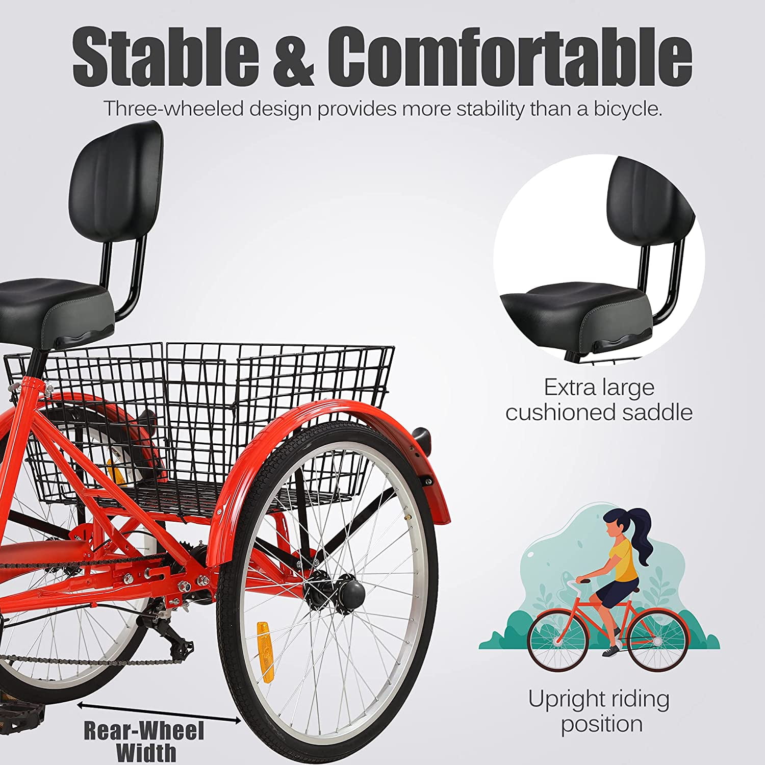 Sibosen Upgraded Adult Tricycle Three Wheel Cruiser Bike 20 Inch 24 Inch and 26 Inch 3 Wheel Bike Trike 7 Speeds Wide Backrest Seat Large Cargo Basket Walmart