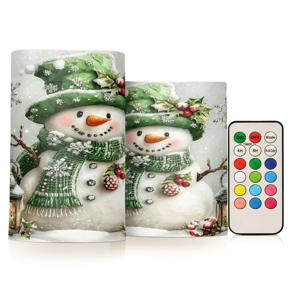 Flickering Flameless LED Candles set of 2 Battery Operated 18-Key Remotes Timer Halloween Fall Decor Snowman with Lamp D3''xH4''5''