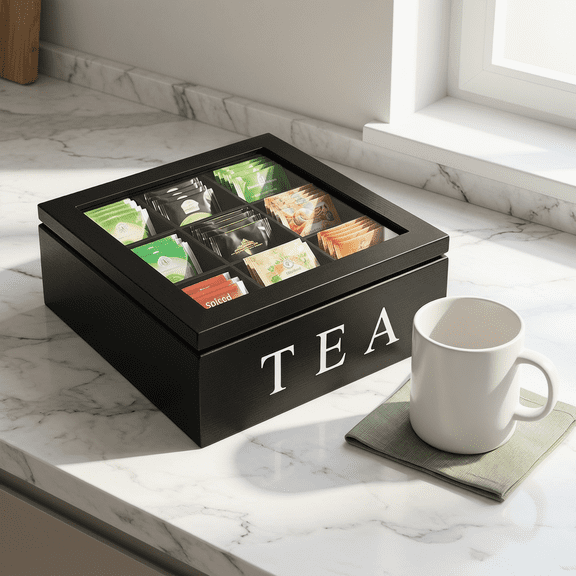 9-Compartment Stackable Wooden Tea Box Organizer – Durable Tea Holder for Kitchen Cabinets, Countertops – Black Finish