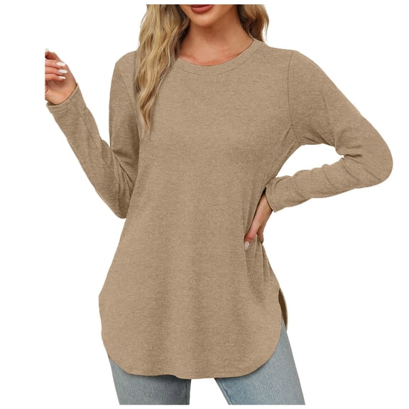 XIYON Tshirts For Women Long Sleeve Crew Neck T Shirts Side Split Basic Loose Tunic Tops Casual Solid Color Going Out Tops For Women