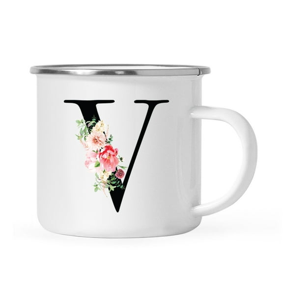 Koyal Wholesale Stainless Steel Campfire Coffee Mug, Blush Floral Monogram, Letter V