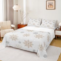 Feelyou Gold Snowflake Print Full Size Sheets for Teen, Merry Christmas Bed Sheets, Luxury Fashion Sheet Sets, Ultra Soft Home Decor, 4-Piece