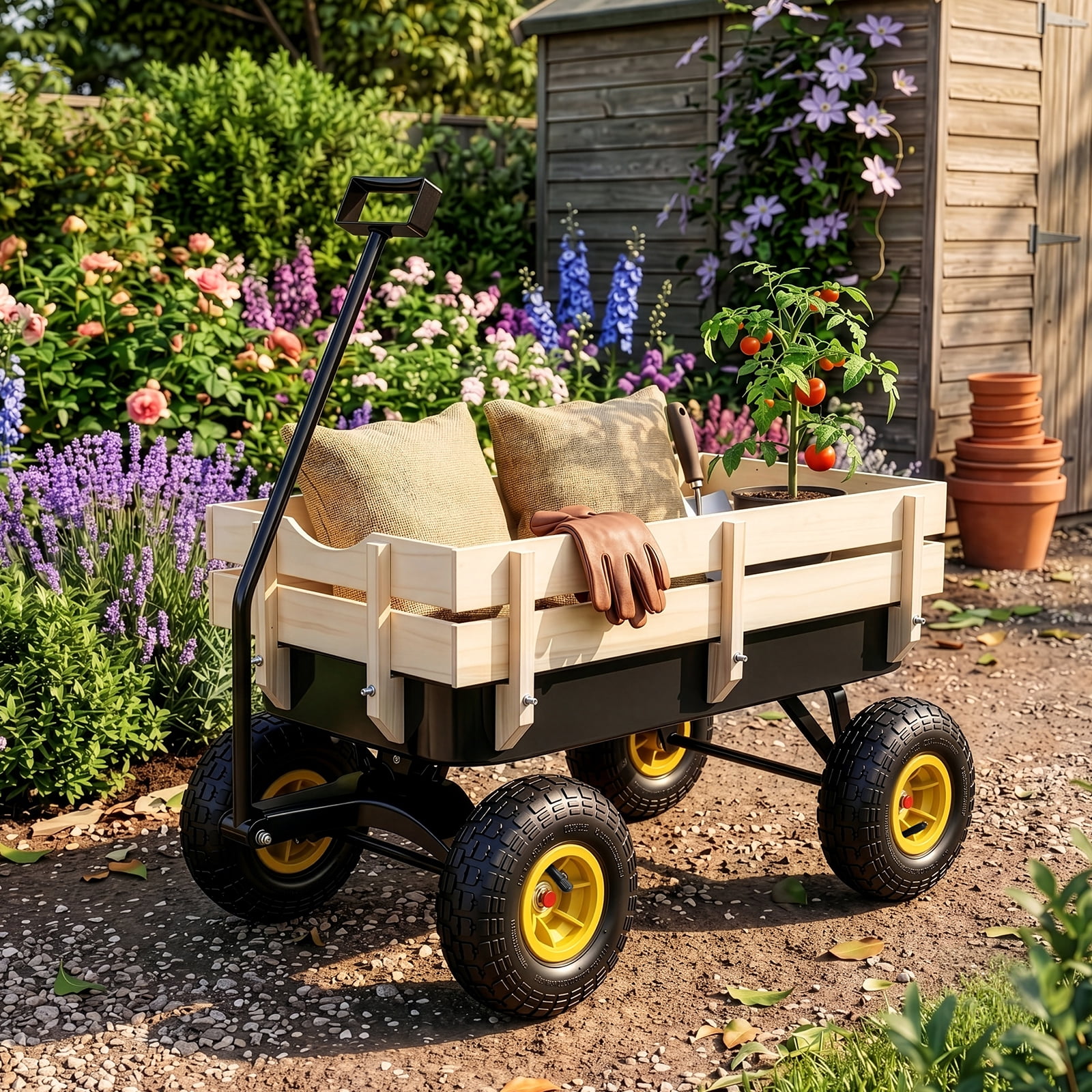 Side Support Cargo Wagon with 10" All-Terrain Air Tires, Up to 220lb Load Capacity, for Towing Kids Toys, Gardening Supplies, Black
