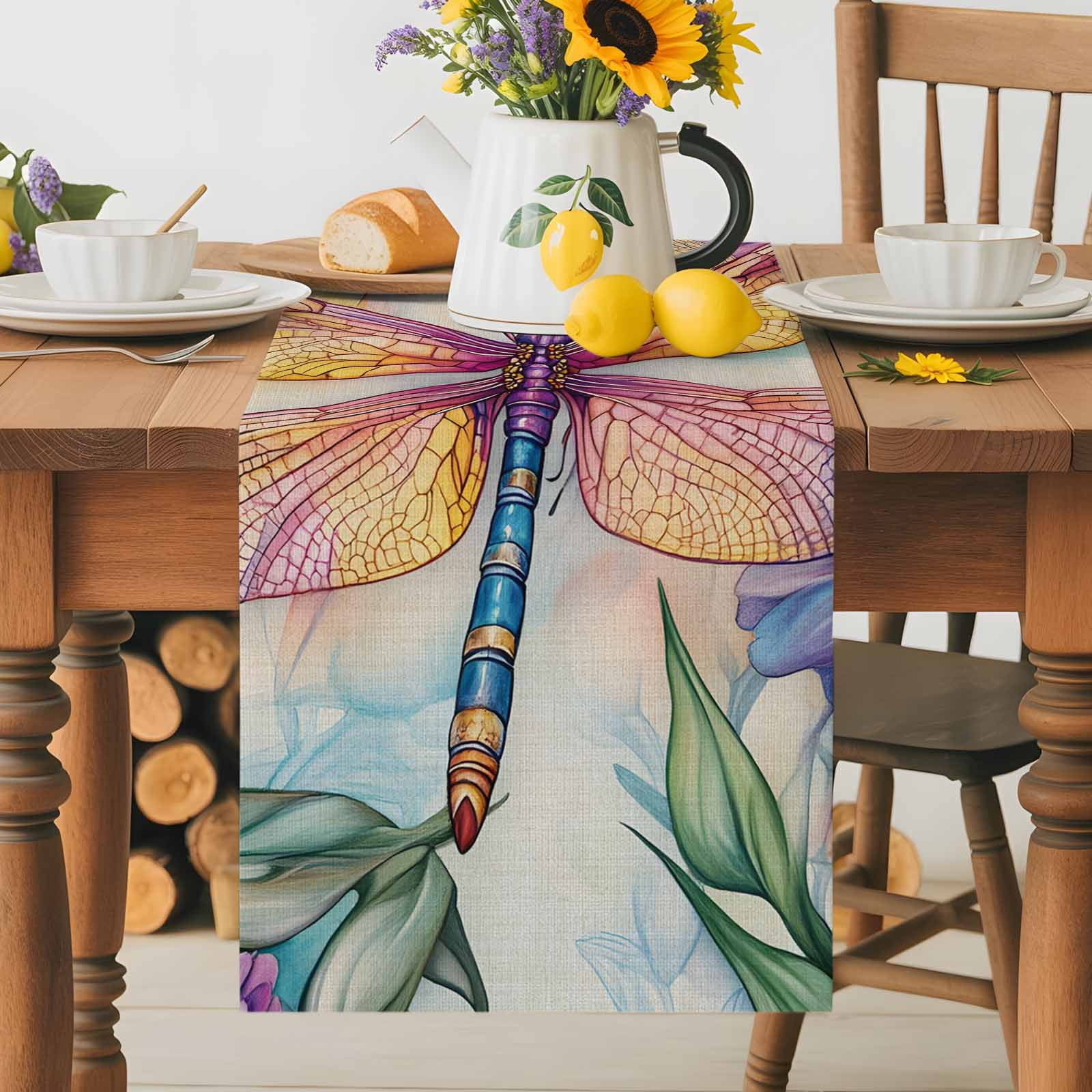 Colorful Rustic Pastoral Dragonfly Table Runner 90 Inches Long, Summer Watercolor Flower Table Runners Tabletop Scarf Kitchen Dining Tables Decoration for Home Party Indoor Outdoor