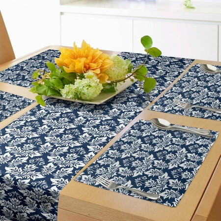 

Damask Table Runner & Placemats Antique Floral Ornament with Baroque Curls Curves Foliage Nature Theme Set for Dining Table Placemat 4 pcs + Runner 12 x90 Dark Petrol Blue White by Ambesonne