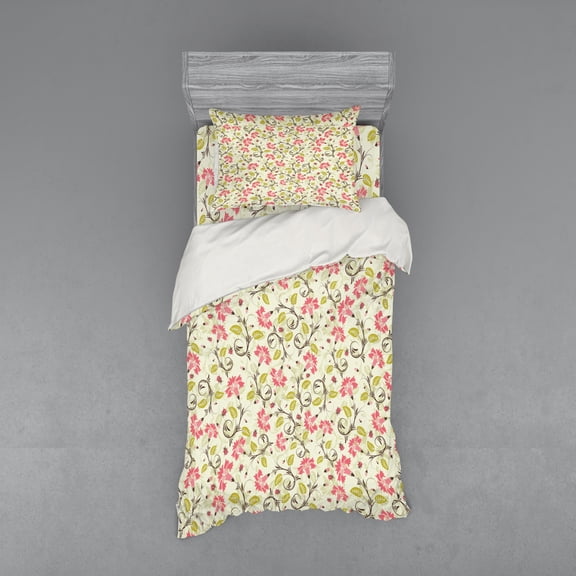 Ambesonne Floral Bedding Set 3 Pcs, Curving Flower Pattern Art, Twin, Pale Green and Pink