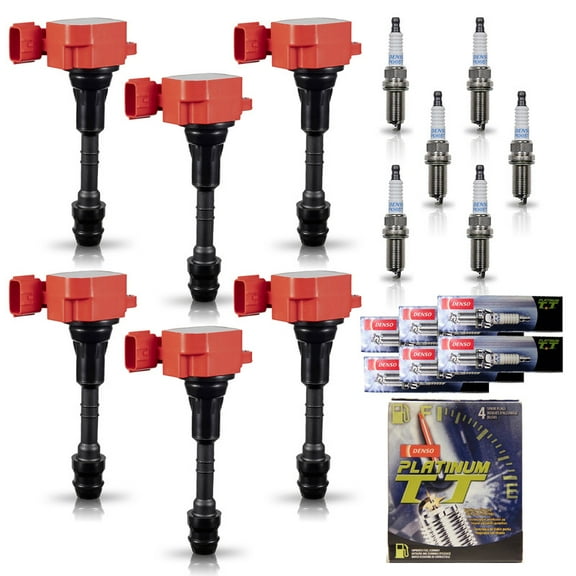 Set of 6 ISA Red Ignition Coils and Denso Spark Plugs Compatible with 2008-2012 Nissan Pathfinder 4.0L Replacement for UF349