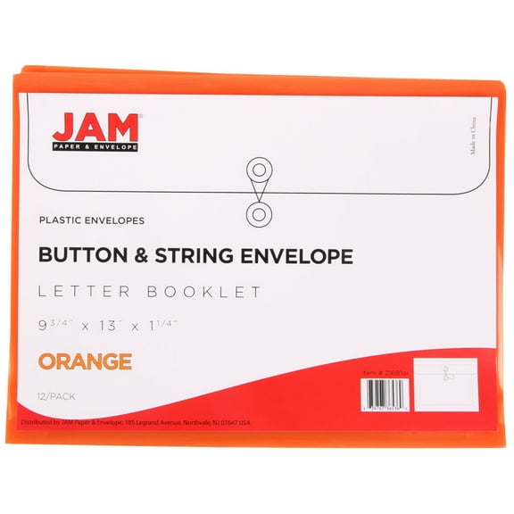 JAM Paper Plastic Booklet Envelopes with Button & String Tie Closure, 9 3/4 x 13, Bright Orange, 12/Pack