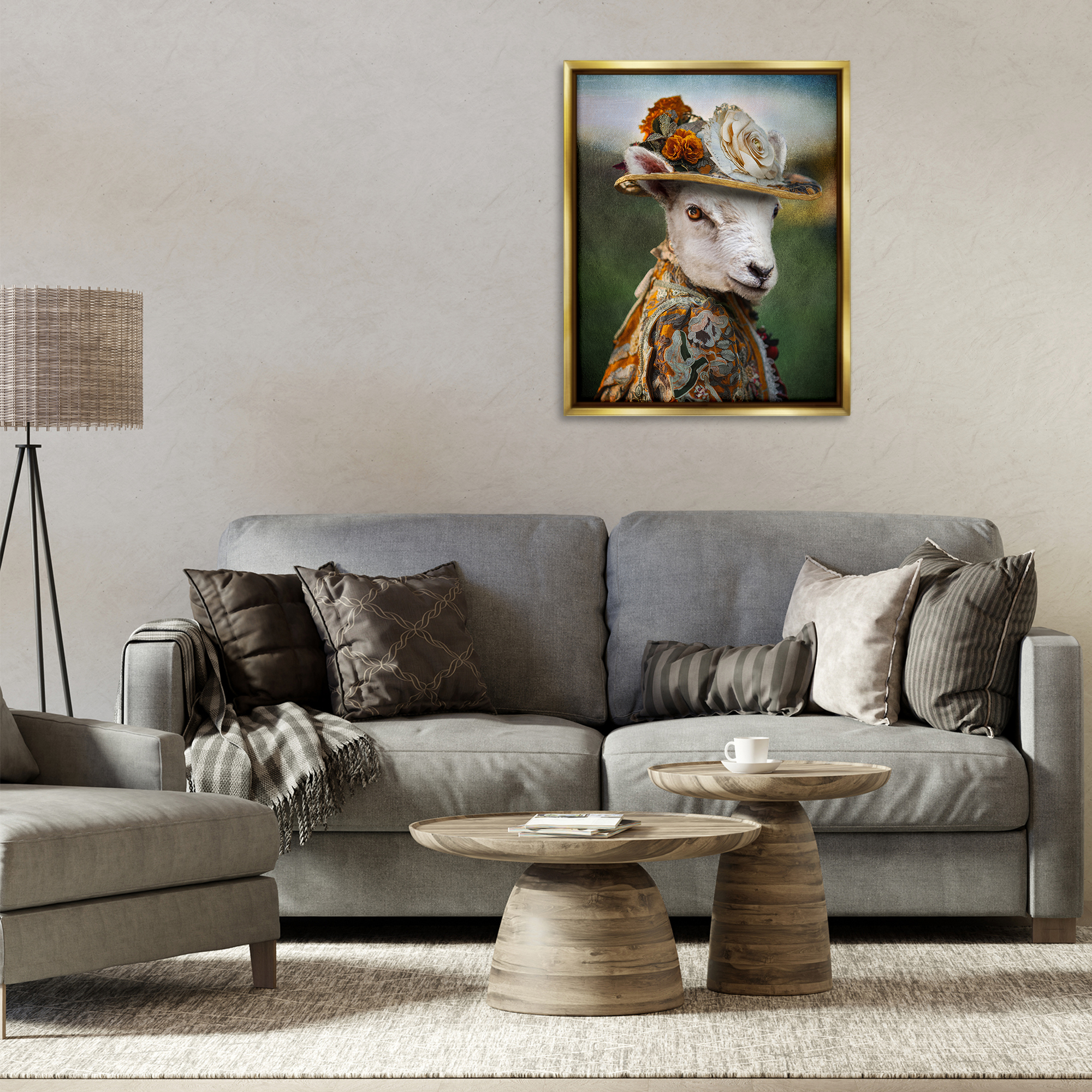 Stupell Industries Fashionable Sheep Portrait Animals & Insects Painting Gold Floater Framed Canvas Art Print Wall Art, 25 x 31