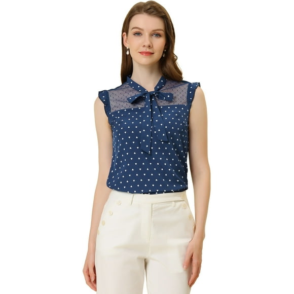 Blusa de trabajo Allegra K con Lazo transparente de malla sin mangas Volantes estampado de corazones Azul oscuro S