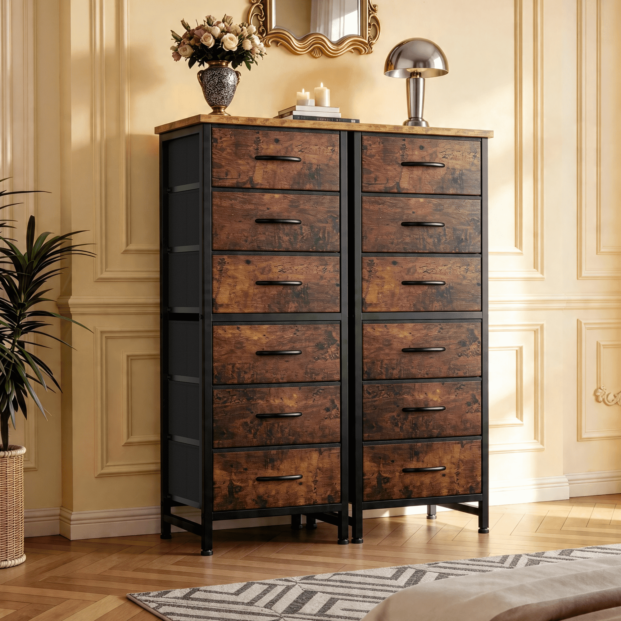CONCETTA Tall Storage Dresser with 6 Fabric Drawers, Metal Frame with Cross Support Rods, Anti-Tip, Wood Top for Bedrooms, Offices and Compact Spaces, Rust