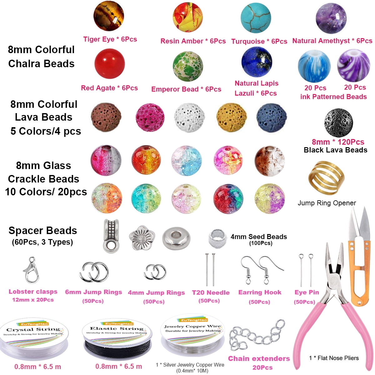EuTengHao 878Pcs Lava Beads Chakra Beads Glass Crackle Beads Kit with Spacer Beads Jump Ring Jewelry Findings for Diffuser Essential Oils Yoga Bracelets Earrings Necklace DIY Jewelry Making Supplies