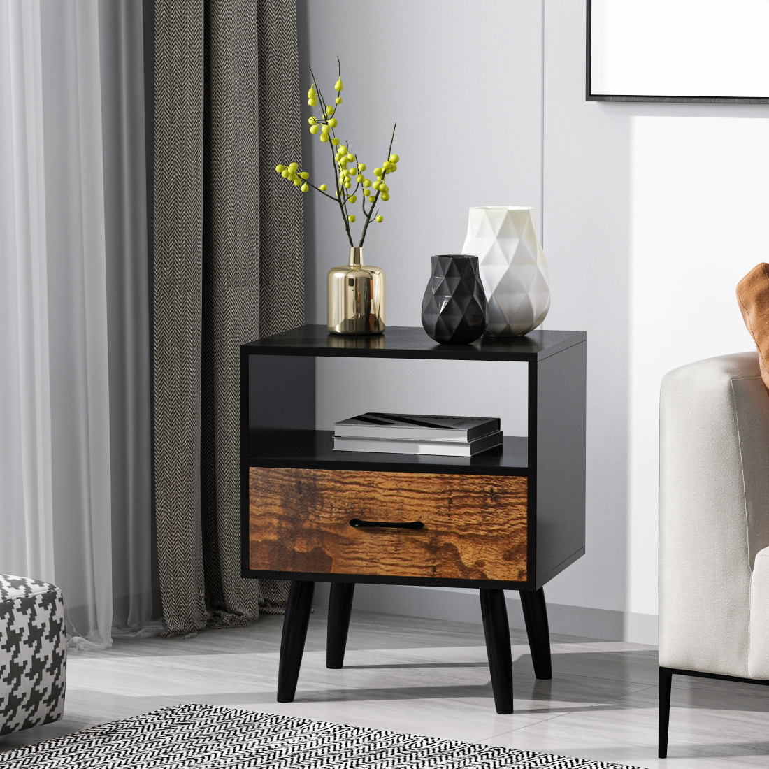 Modern Versatile Nightstands, Side End Table Night Stand with Bin Drawer and Storage Shelf, for Living Room Bedroom, Brown+Black - image 2 of 6