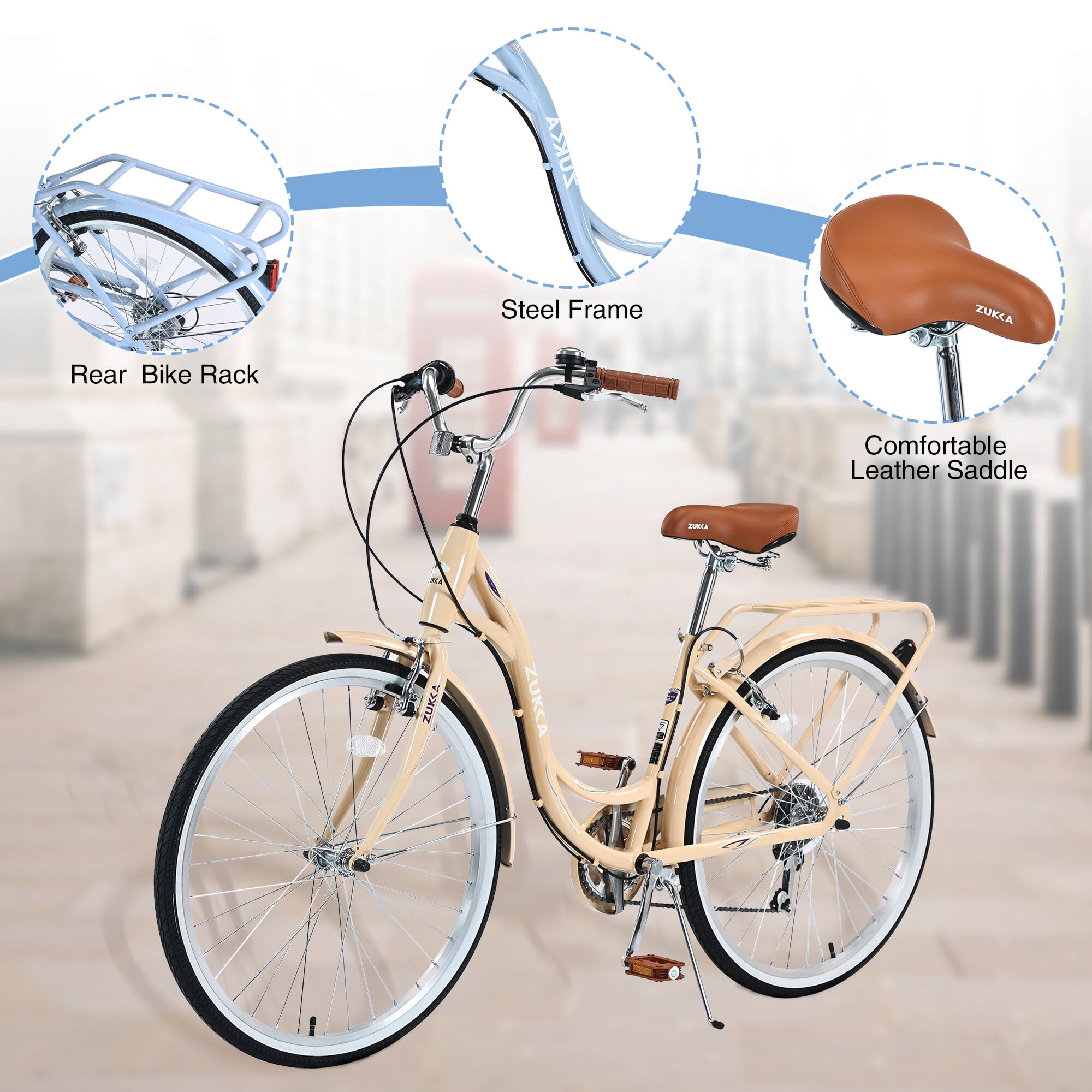Road Bikes, 7 Speed, Steel Frame, Multiple Colors 26 Inch Ladies Bicycle, Beige Mountain Bikes,Steel Bicycles, Fitness & Sports Outdoor Bikes