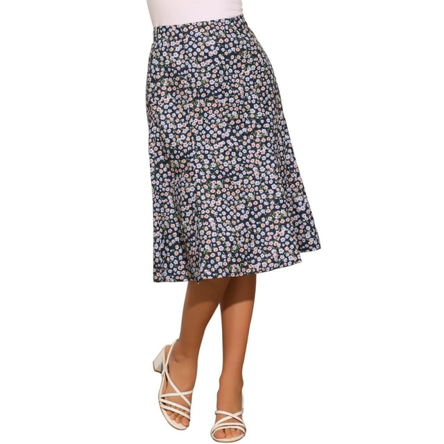 Faldas Midi Peasant de Mujer INSPIRE CHIC con Cintura Elástica A-Line de Flores Ditsy en Azul Oscuro