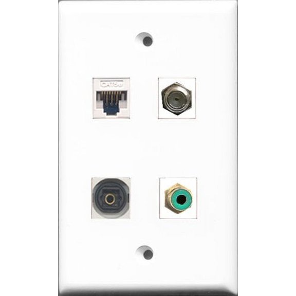 RiteAV - 1 Port RCA Green and 1 Port Coax Cable TV- F-Type and 1 Port Toslink and 1 Port Cat5e Ethernet White Wall Plate