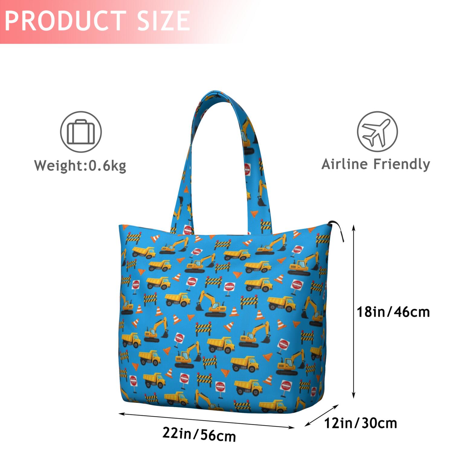 Cartoon Construction Vehicles Barriers Blue Pattern Travel Tote Bags for Women Carry On,Large Weekender Bags for Women Travel,Multi Functional Duffle Bag for Work,Shopping,Sports