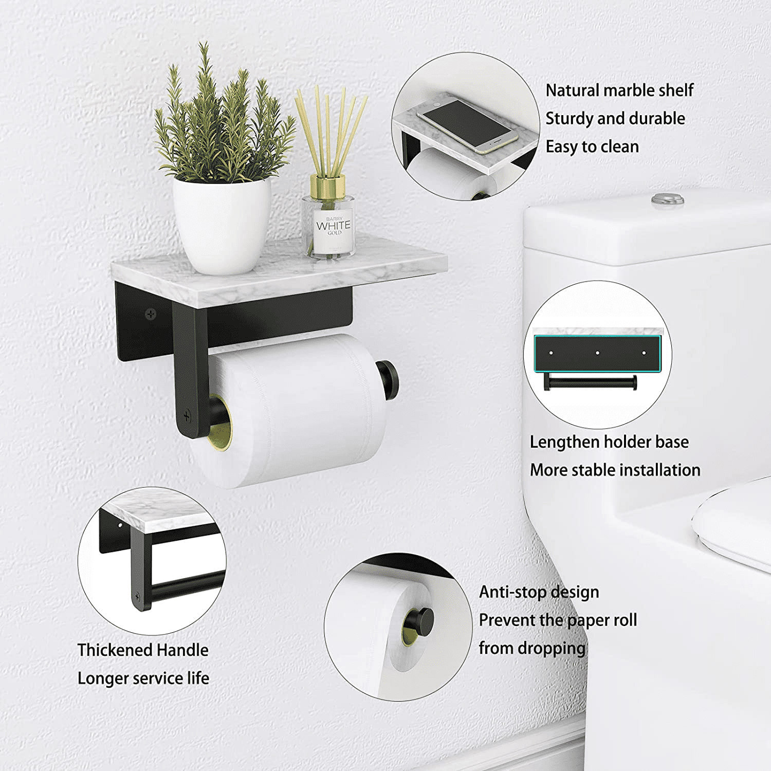 Wall Mount Toilet Roll Holder With Marble Shelf Black/ Gold