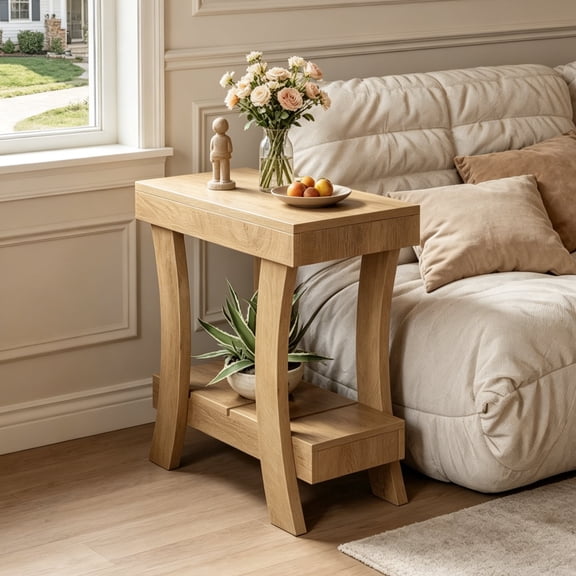 Fnova Narrow 2-Tier Rectangular End Table with Storage Shelf, Small Wood Nightstand, Bedside Table for Bedroom, Living Room, Small Spaces, Compact Sofa Side Table