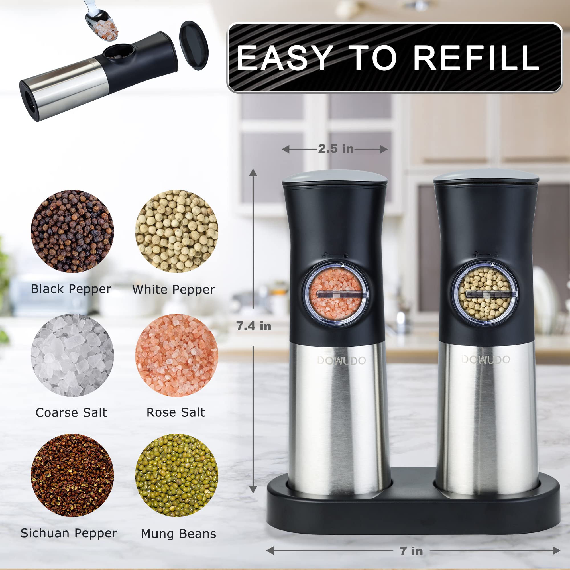 Gravity Electric Salt and Pepper Grinder Set - USB Rechargeable，Automatic  Salt Pepper Mill with 5 Adjustable Coarseness, Ceramic Grinder with Bottom