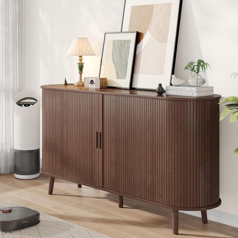 Alohappy 59" Mid-Century Modern TV Stand With Built-in Charging Station - Walnut Media Console With Fluted Doors, Drawers, And Adjustable Shelves