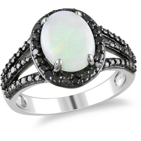 1-5/8 Carat T.G.W. Cabochon Opal and Black Diamond-Accent Sterling Silver Halo Cocktail Ring