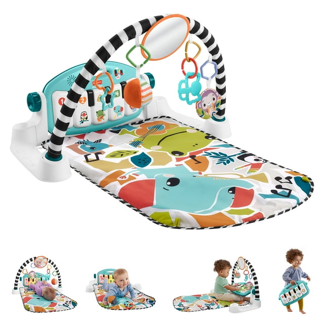 Fisher-Price Glow and Grow Kick & Play Piano Gym Baby Playmat with Musical Learning Toy, Blue - English Version